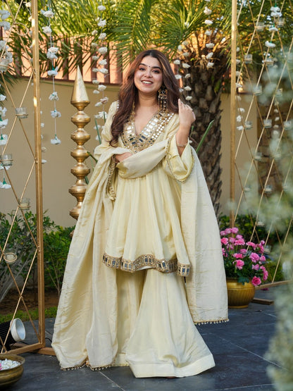 IVORY COLOR CHINON SILK BASE SHARARA SET