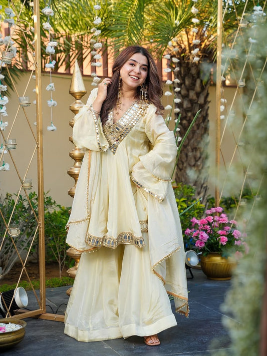 IVORY COLOR CHINON SILK BASE SHARARA SET