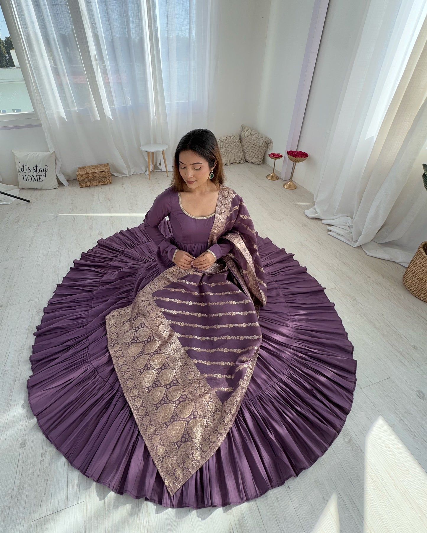 DUSTY PURPLE COLOR PURE ROMAN SILK RUFFLE STYLE ANARKALI SUIT SET OF 3