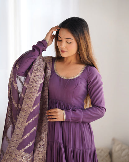 DUSTY PURPLE COLOR PURE ROMAN SILK RUFFLE STYLE ANARKALI SUIT SET OF 3