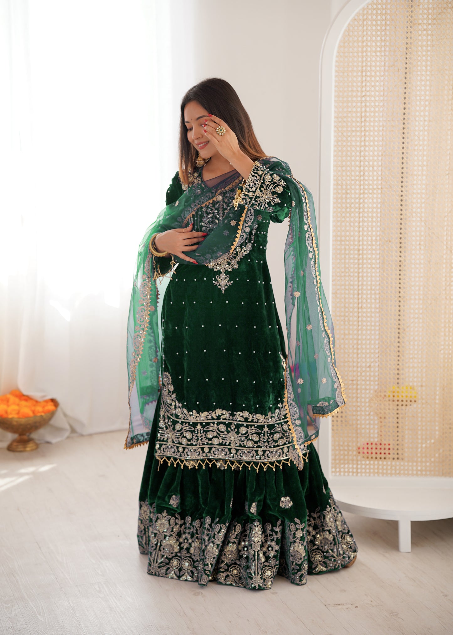 DARK GREEN COLOR VISCOSE VELVET FESTIVAL WEAR EMBROIDERY WORK READYMADE SHARARA SUIT