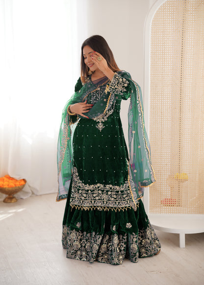 DARK GREEN COLOR VISCOSE VELVET FESTIVAL WEAR EMBROIDERY WORK READYMADE SHARARA SUIT