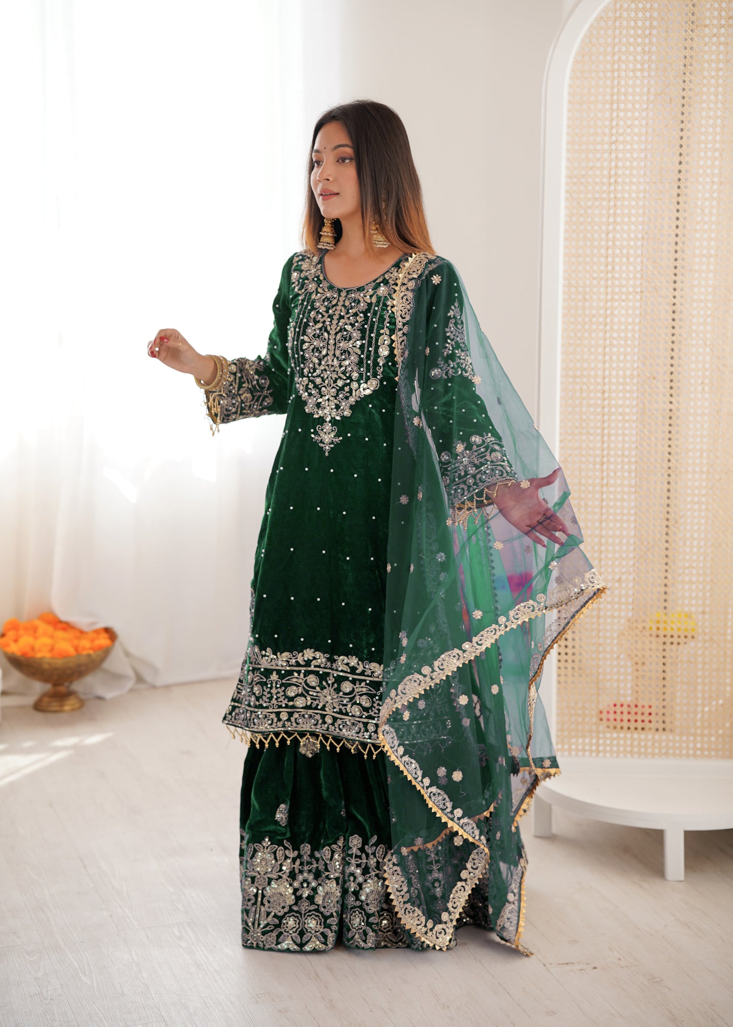DARK GREEN COLOR VISCOSE VELVET FESTIVAL WEAR EMBROIDERY WORK READYMADE SHARARA SUIT
