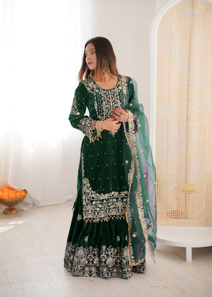 DARK GREEN COLOR VISCOSE VELVET FESTIVAL WEAR EMBROIDERY WORK READYMADE SHARARA SUIT