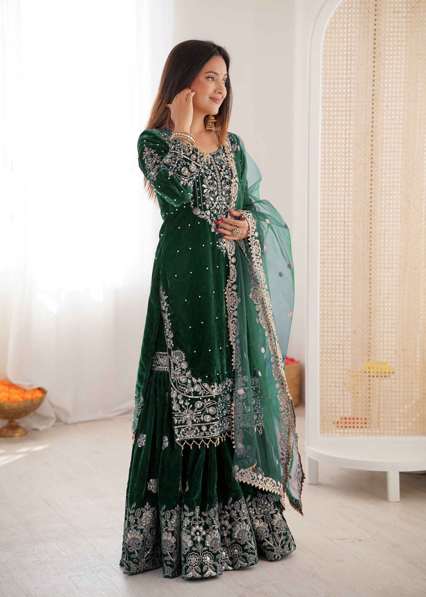 DARK GREEN COLOR VISCOSE VELVET FESTIVAL WEAR EMBROIDERY WORK READYMADE SHARARA SUIT