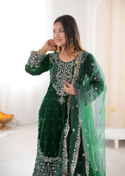 DARK GREEN COLOR VISCOSE VELVET FESTIVAL WEAR EMBROIDERY WORK READYMADE SHARARA SUIT