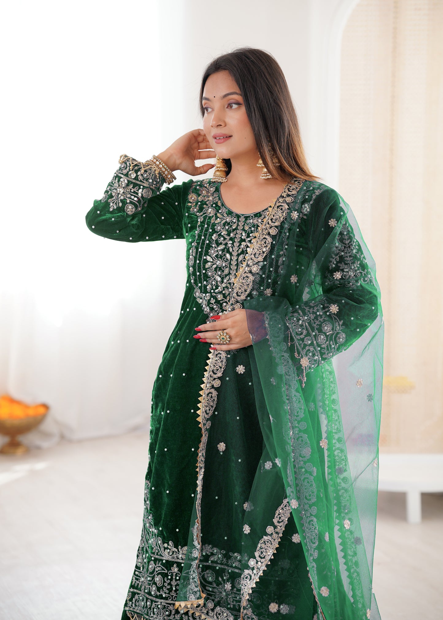 DARK GREEN COLOR VISCOSE VELVET FESTIVAL WEAR EMBROIDERY WORK READYMADE SHARARA SUIT