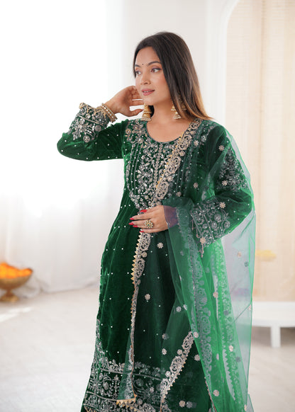 DARK GREEN COLOR VISCOSE VELVET FESTIVAL WEAR EMBROIDERY WORK READYMADE SHARARA SUIT