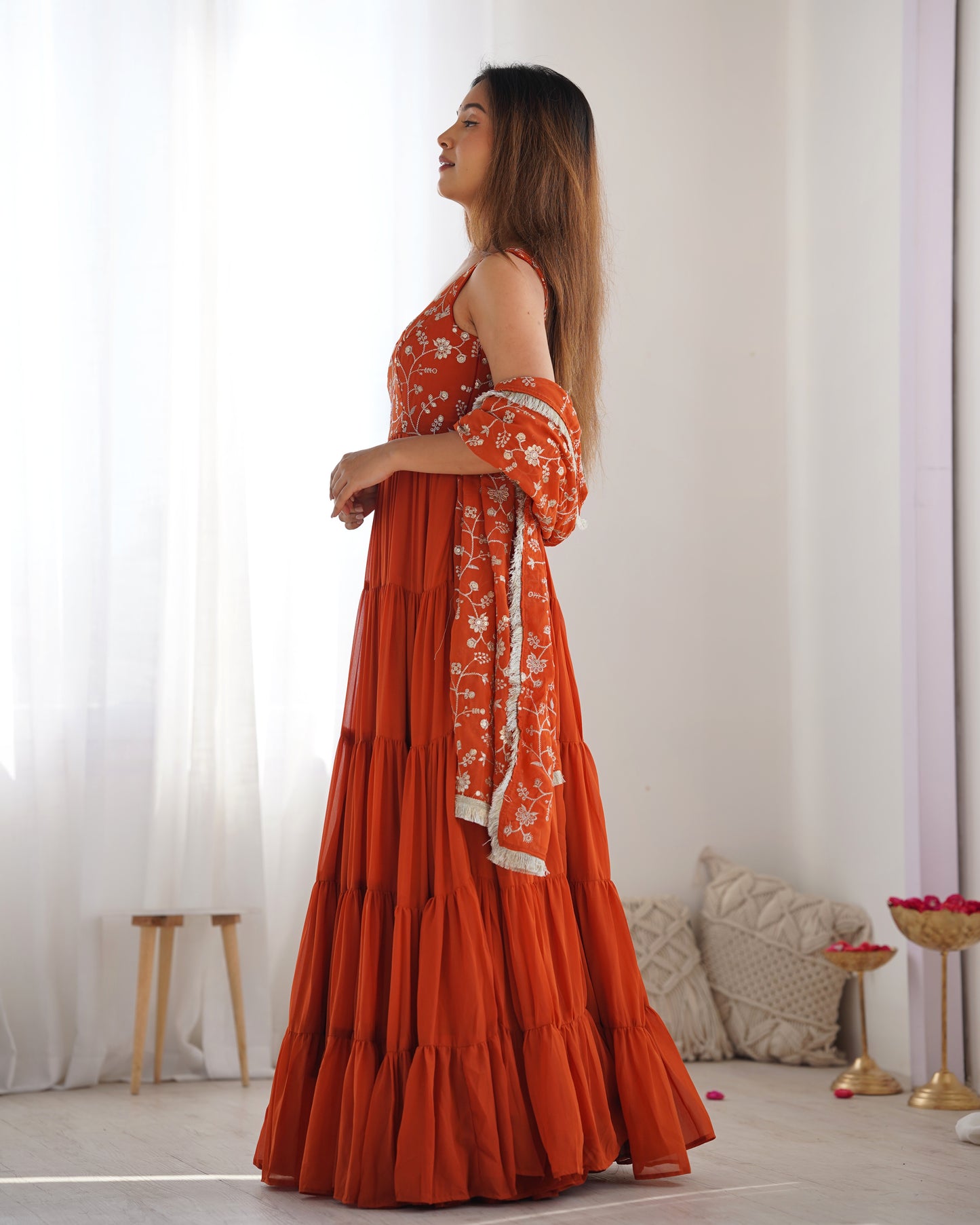 ORANGE COLOR GEORGETTE FIVE LAYER RUFFLE STYLE ANARKALI SUIT