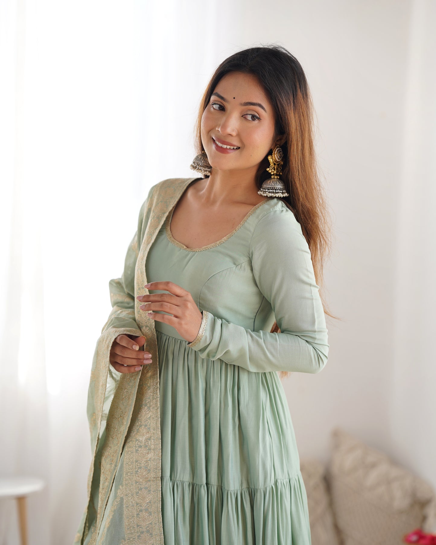 PISTA COLOR PURE ROMAN SILK RUFFLE STYLE ANARKALI SUIT SET OF 3