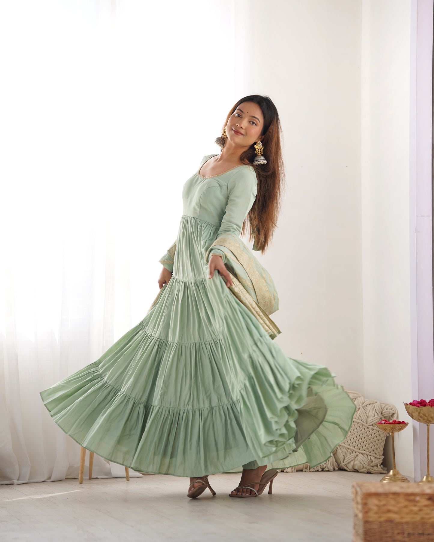 PISTA COLOR PURE ROMAN SILK RUFFLE STYLE ANARKALI SUIT SET OF 3
