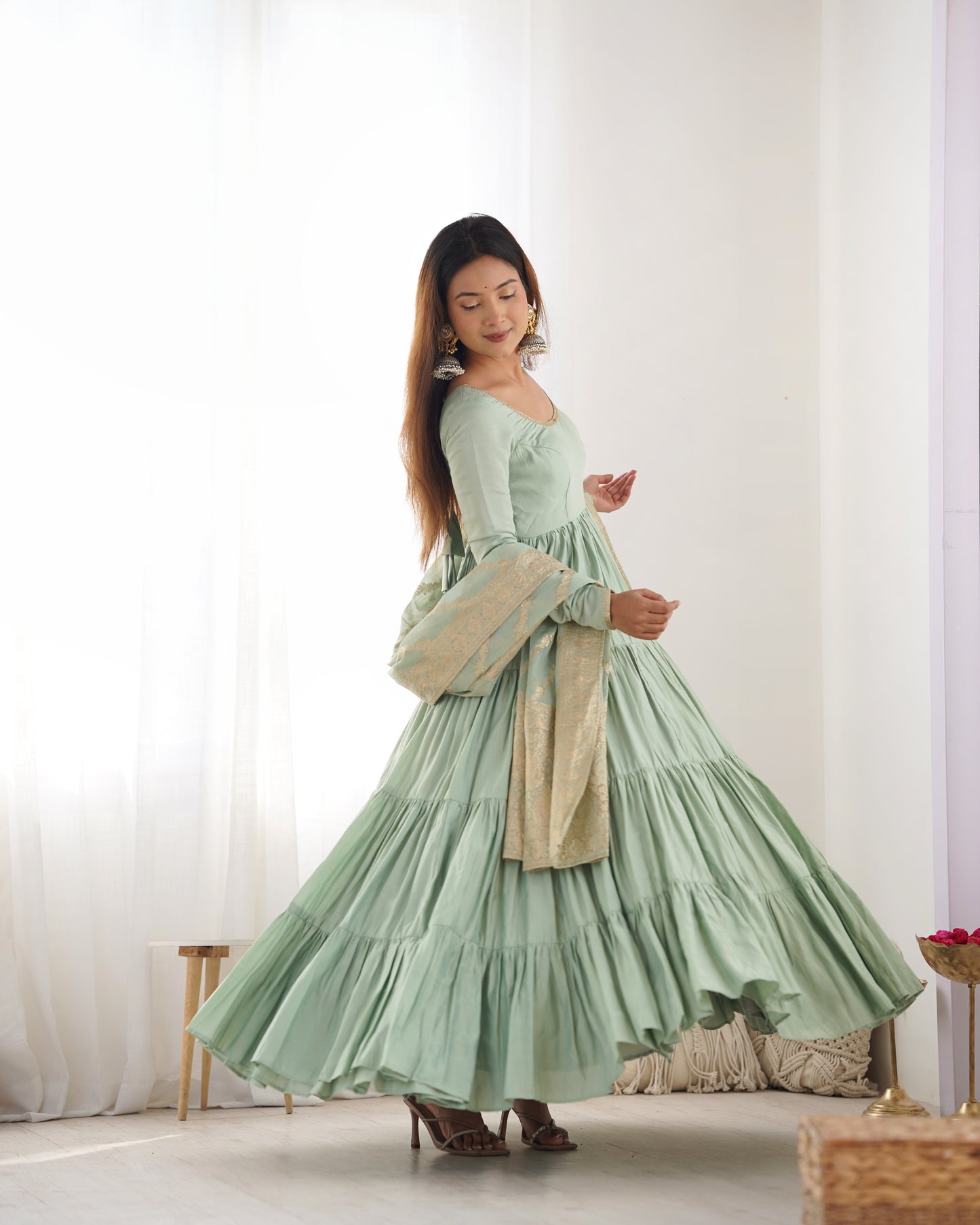 PISTA COLOR PURE ROMAN SILK RUFFLE STYLE ANARKALI SUIT SET OF 3