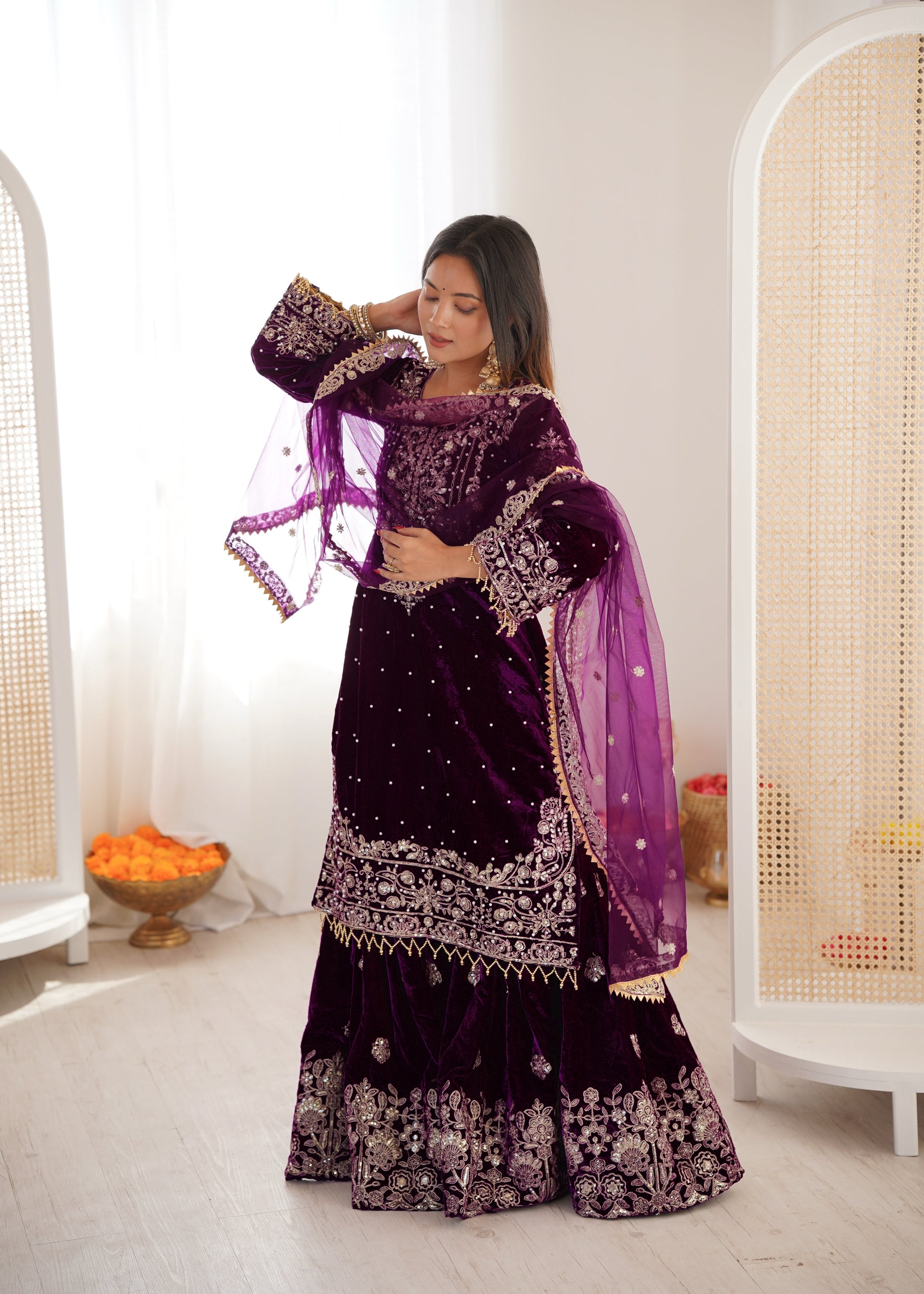 WINE COLOR VISCOSE VELVET FESTIVAL WEAR EMBROIDERY WORK READYMADE SHARARA SUIT