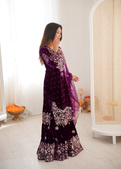 WINE COLOR VISCOSE VELVET FESTIVAL WEAR EMBROIDERY WORK READYMADE SHARARA SUIT