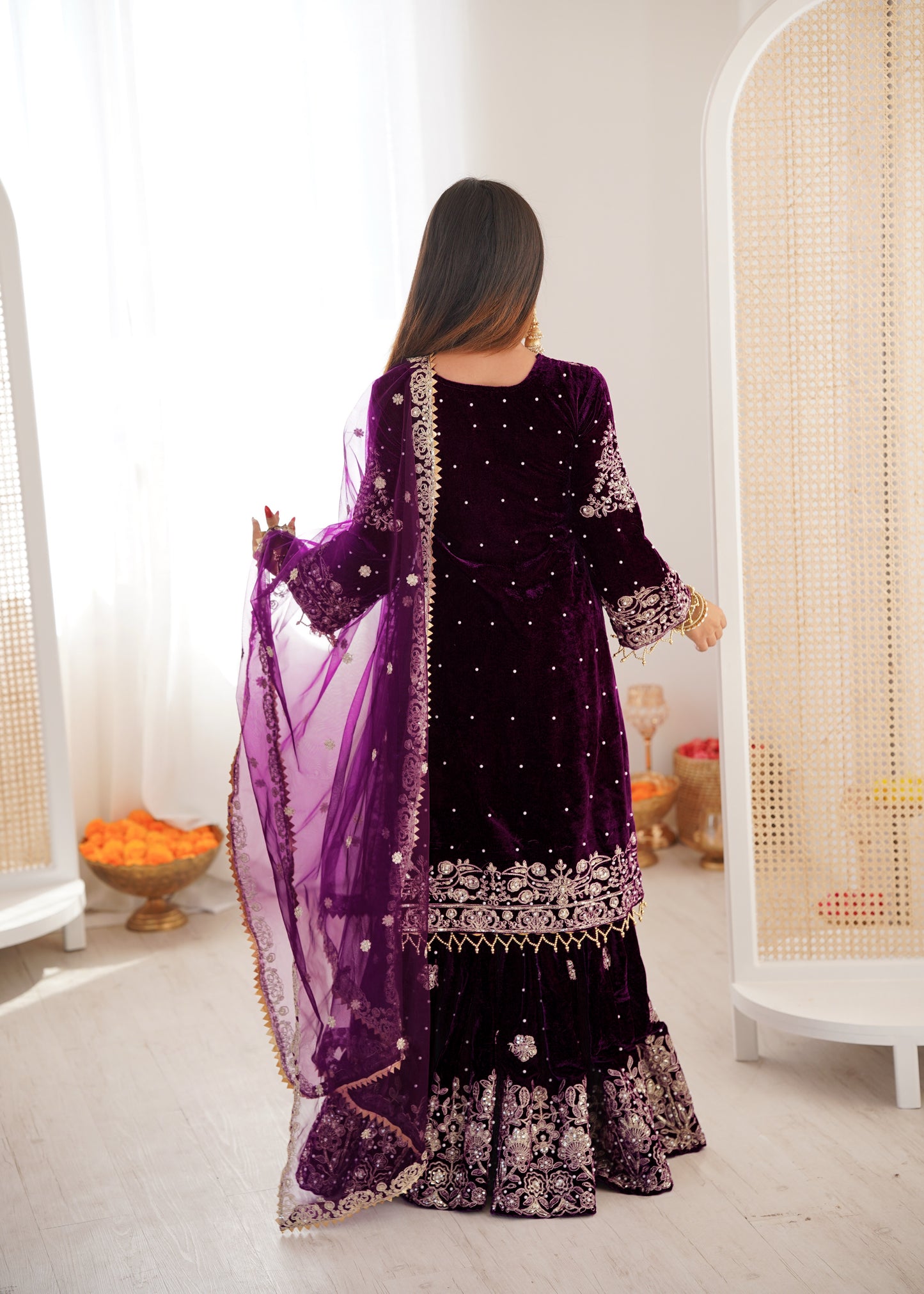 WINE COLOR VISCOSE VELVET FESTIVAL WEAR EMBROIDERY WORK READYMADE SHARARA SUIT