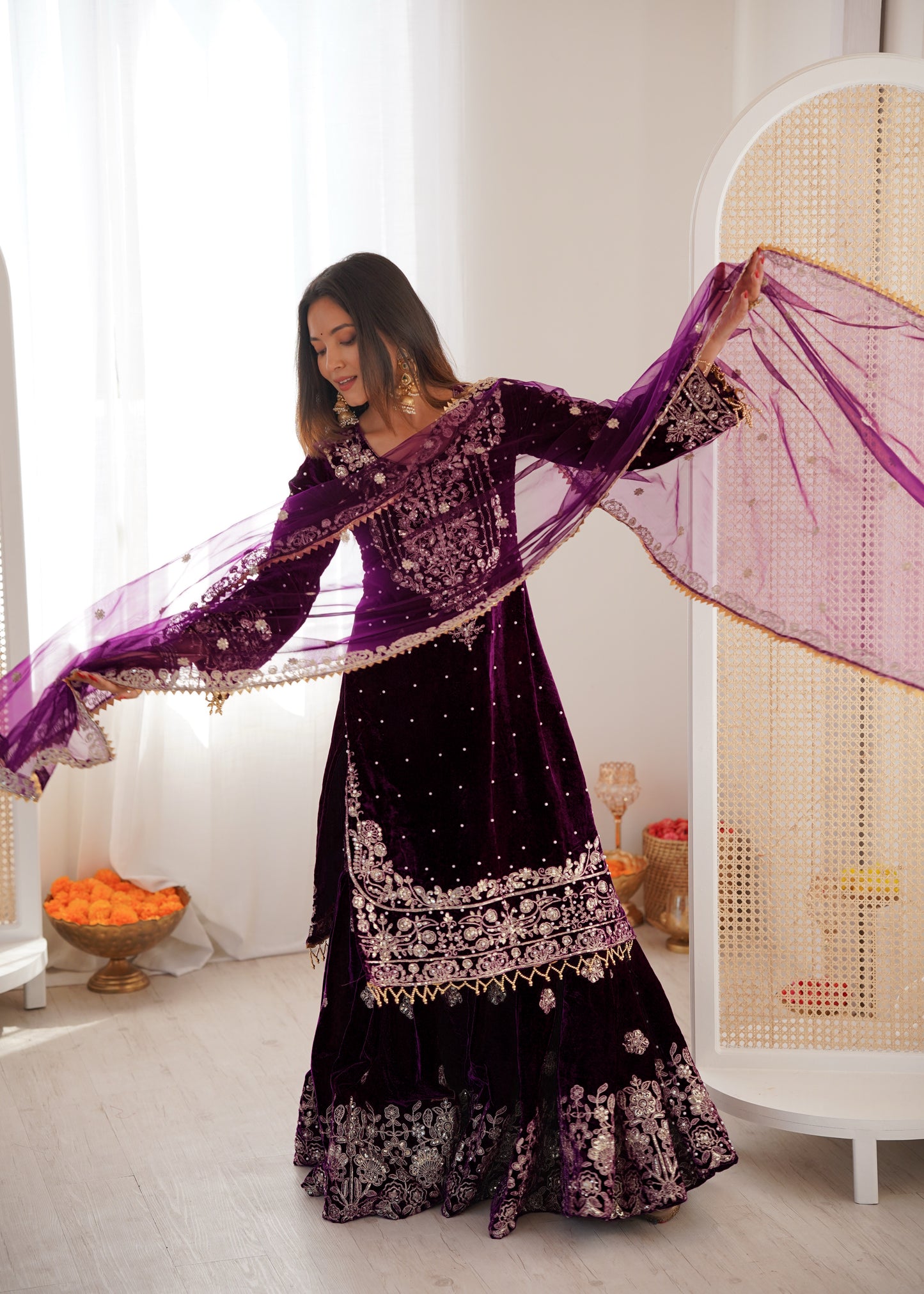 WINE COLOR VISCOSE VELVET FESTIVAL WEAR EMBROIDERY WORK READYMADE SHARARA SUIT