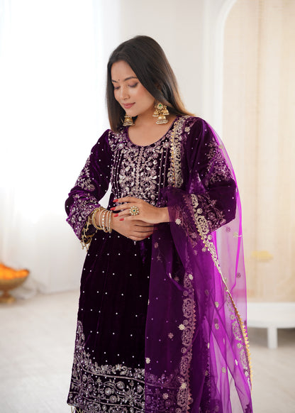 WINE COLOR VISCOSE VELVET FESTIVAL WEAR EMBROIDERY WORK READYMADE SHARARA SUIT