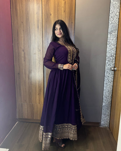 VISHWA PANDYA IN PURPLE COLOR FAUX BLOOMING RICH SEQUENCE EMBROIDERED GOWN
