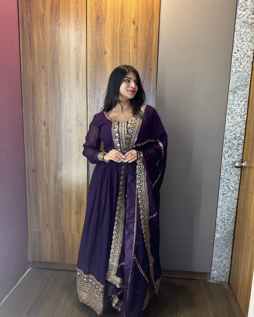 VISHWA PANDYA IN PURPLE COLOR FAUX BLOOMING RICH SEQUENCE EMBROIDERED GOWN