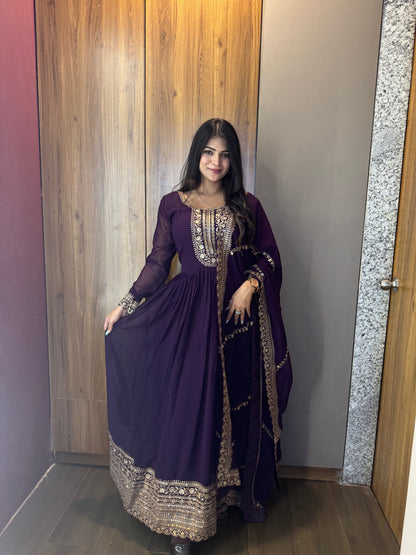 VISHWA PANDYA IN PURPLE COLOR FAUX BLOOMING RICH SEQUENCE EMBROIDERED GOWN