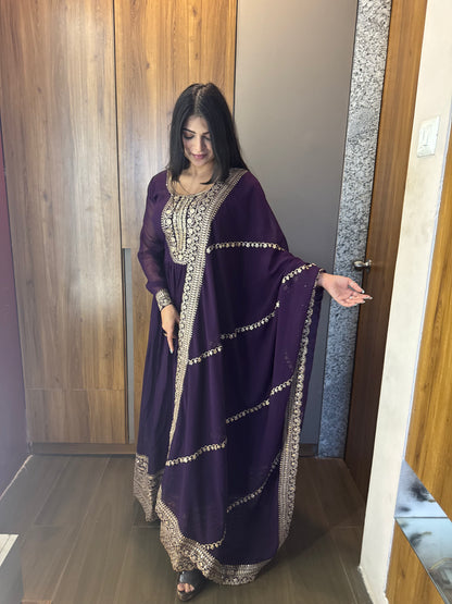 VISHWA PANDYA IN PURPLE COLOR FAUX BLOOMING RICH SEQUENCE EMBROIDERED GOWN
