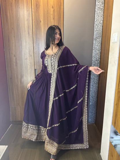 VISHWA PANDYA IN PURPLE COLOR FAUX BLOOMING RICH SEQUENCE EMBROIDERED GOWN