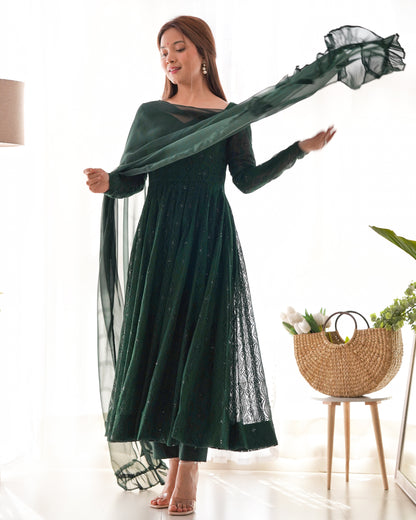 GREEN COLOR GEORGETTE BASE LUCKNOWI WORK ANARKALI SUIT SET OF 3