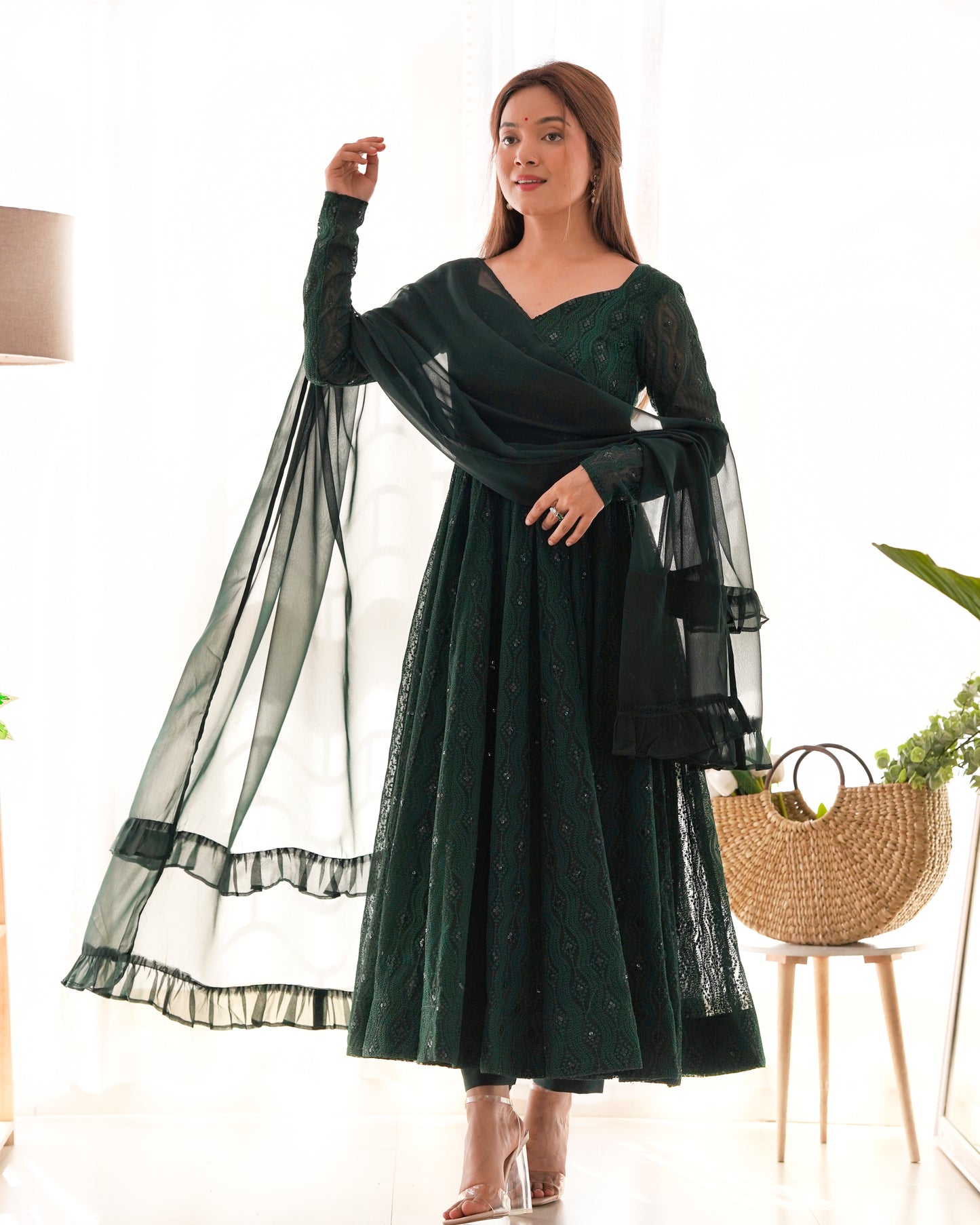 GREEN COLOR GEORGETTE BASE LUCKNOWI WORK ANARKALI SUIT SET OF 3