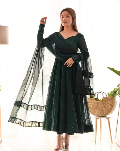 GREEN COLOR GEORGETTE BASE LUCKNOWI WORK ANARKALI SUIT SET OF 3