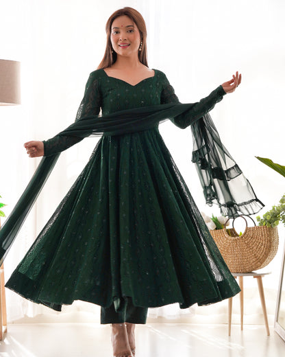 GREEN COLOR GEORGETTE BASE LUCKNOWI WORK ANARKALI SUIT SET OF 3