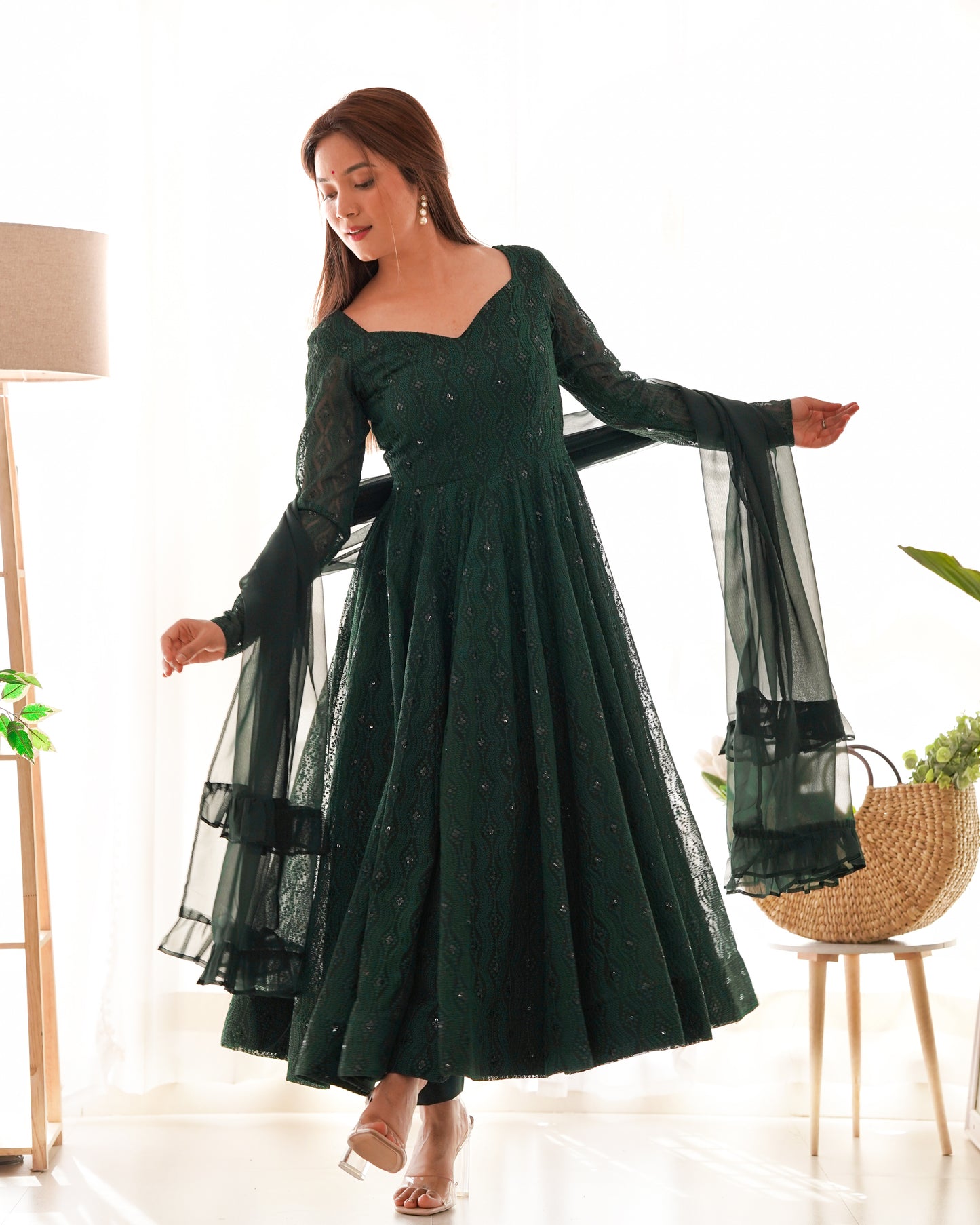 GREEN COLOR GEORGETTE BASE LUCKNOWI WORK ANARKALI SUIT SET OF 3