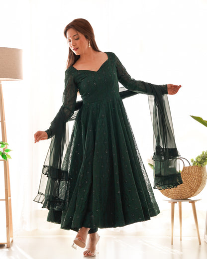 GREEN COLOR GEORGETTE BASE LUCKNOWI WORK ANARKALI SUIT SET OF 3