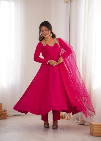 PINK COLOR FESTIVE ANARKALI SUIT SET OF 3