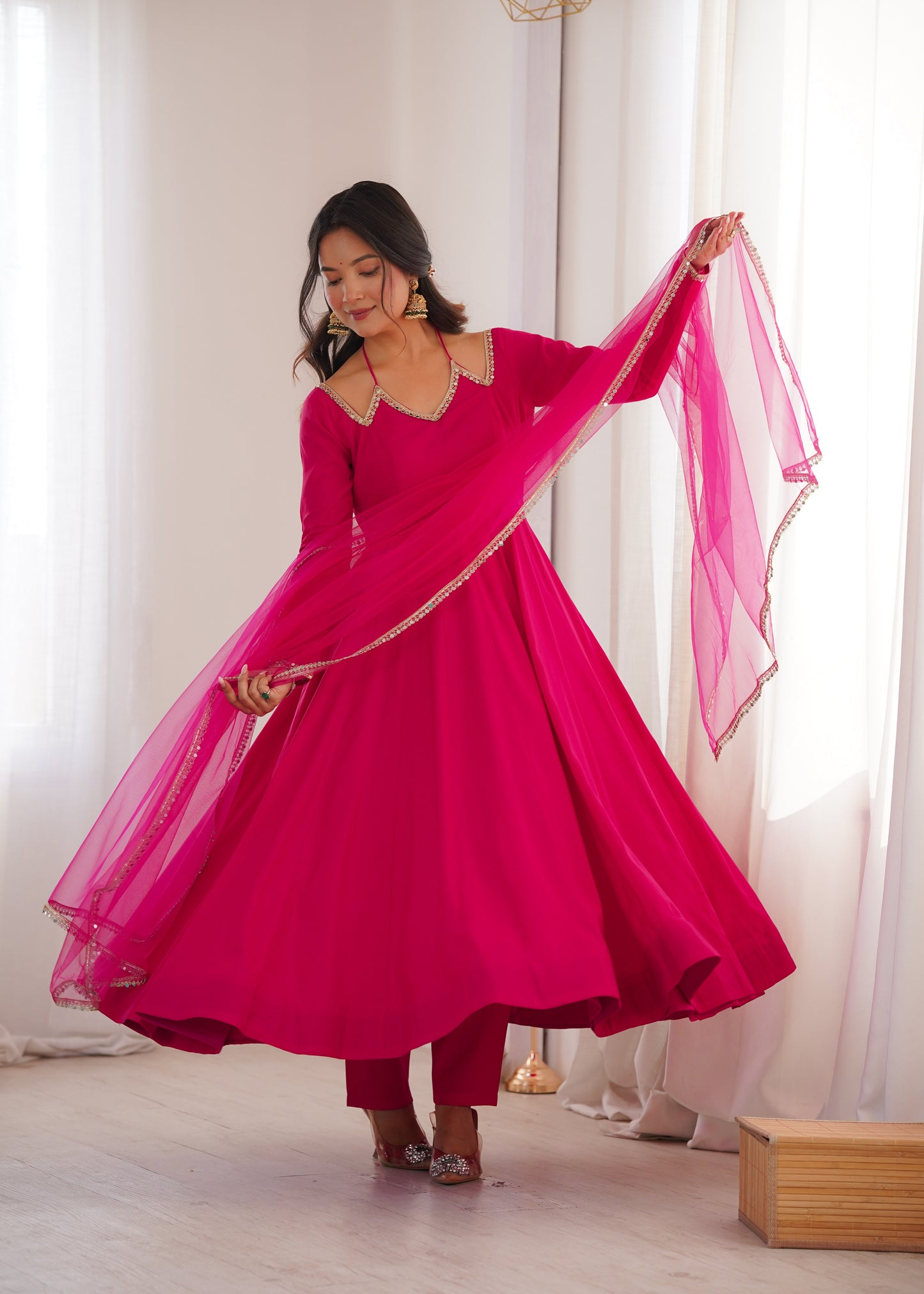 PINK COLOR FESTIVE ANARKALI SUIT SET OF 3
