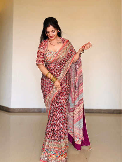 ROYAL LOOK HEAVY CHINON SILK SAREE WITH HAND MIRROR WORK