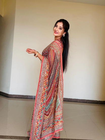 ROYAL LOOK HEAVY CHINON SILK SAREE WITH HAND MIRROR WORK