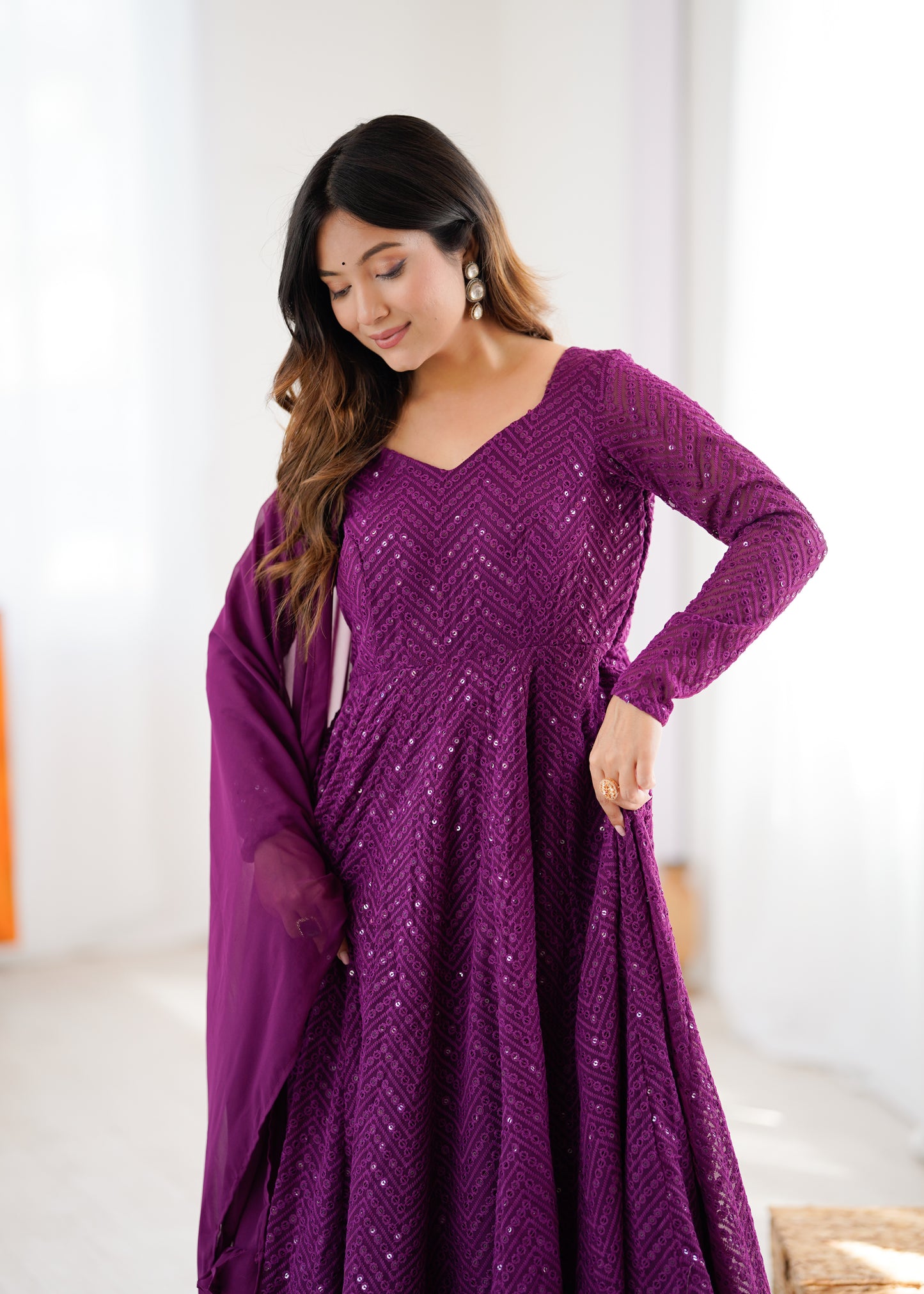 WINE COLOR LUCKNOWI GEORGETTE ANARKALI SUIT SET OF 3