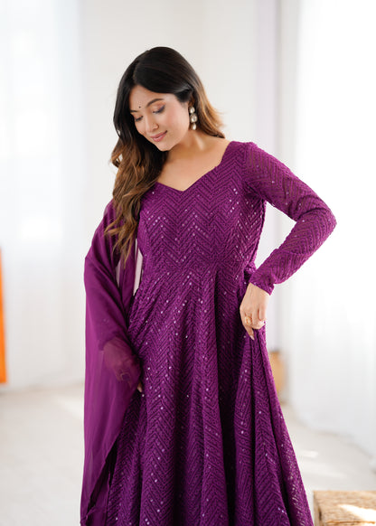 WINE COLOR LUCKNOWI GEORGETTE ANARKALI SUIT SET OF 3