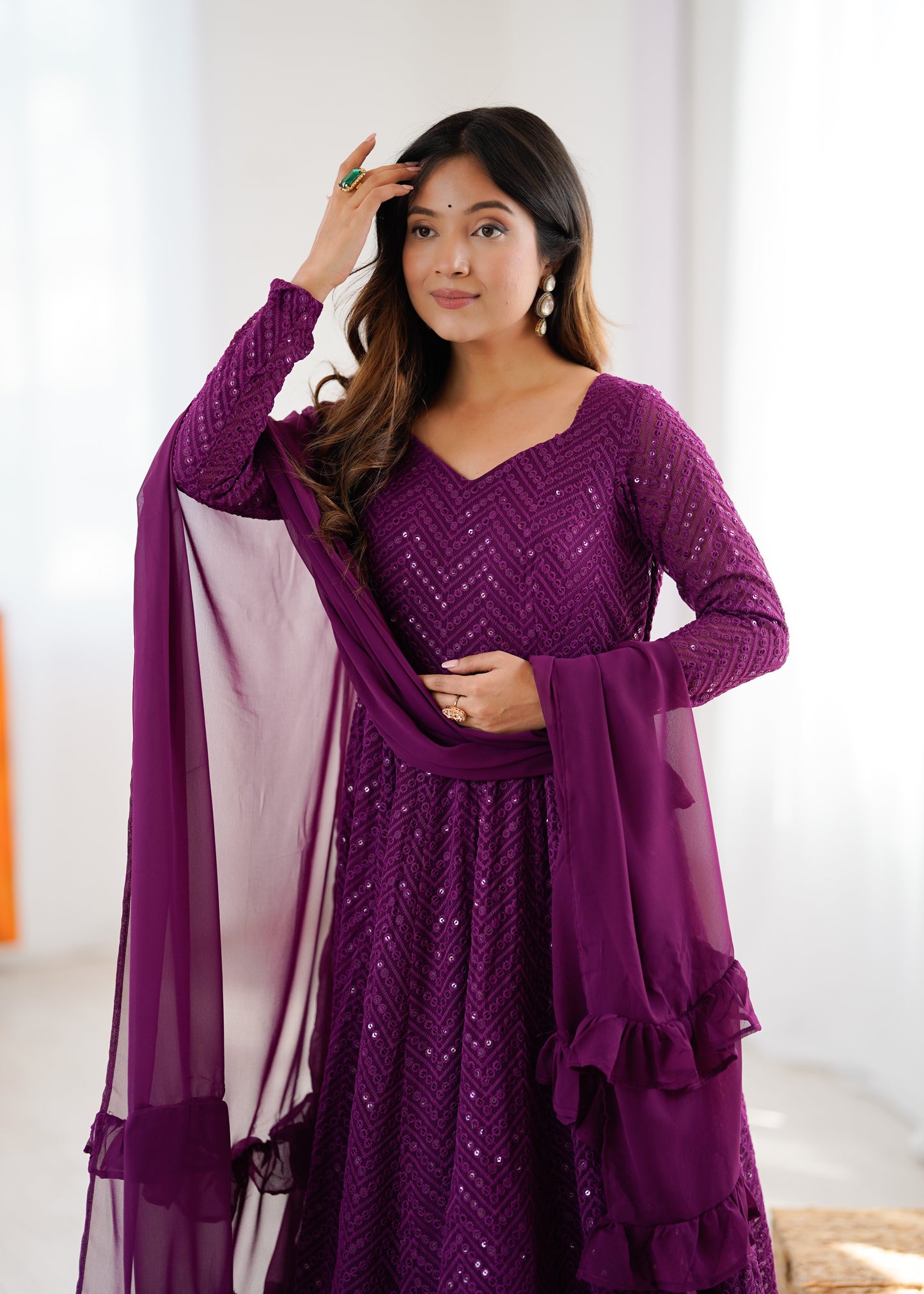 WINE COLOR LUCKNOWI GEORGETTE ANARKALI SUIT SET OF 3