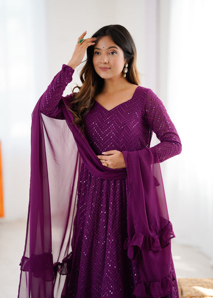 WINE COLOR LUCKNOWI GEORGETTE ANARKALI SUIT SET OF 3