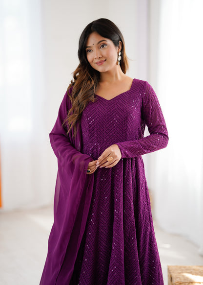 WINE COLOR LUCKNOWI GEORGETTE ANARKALI SUIT SET OF 3