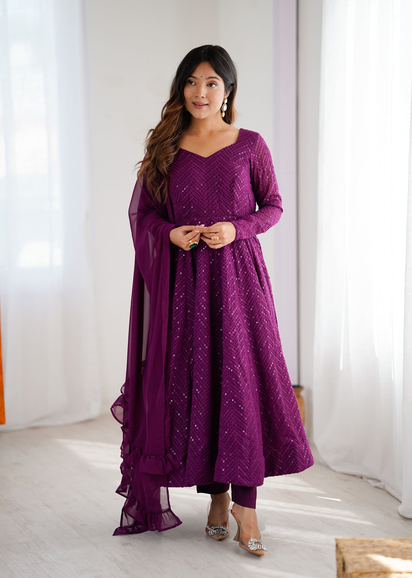 WINE COLOR LUCKNOWI GEORGETTE ANARKALI SUIT SET OF 3