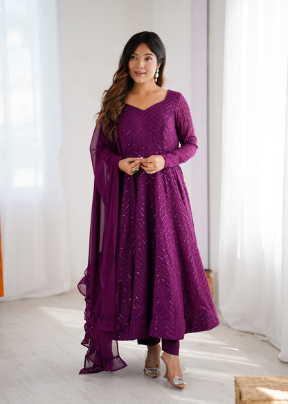 WINE COLOR LUCKNOWI GEORGETTE ANARKALI SUIT SET OF 3