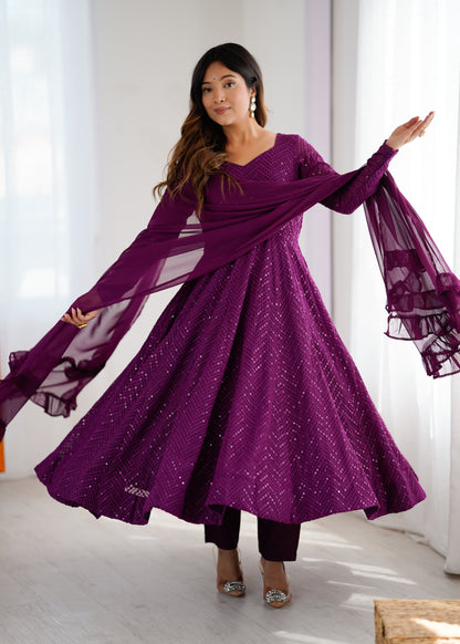 WINE COLOR LUCKNOWI GEORGETTE ANARKALI SUIT SET OF 3