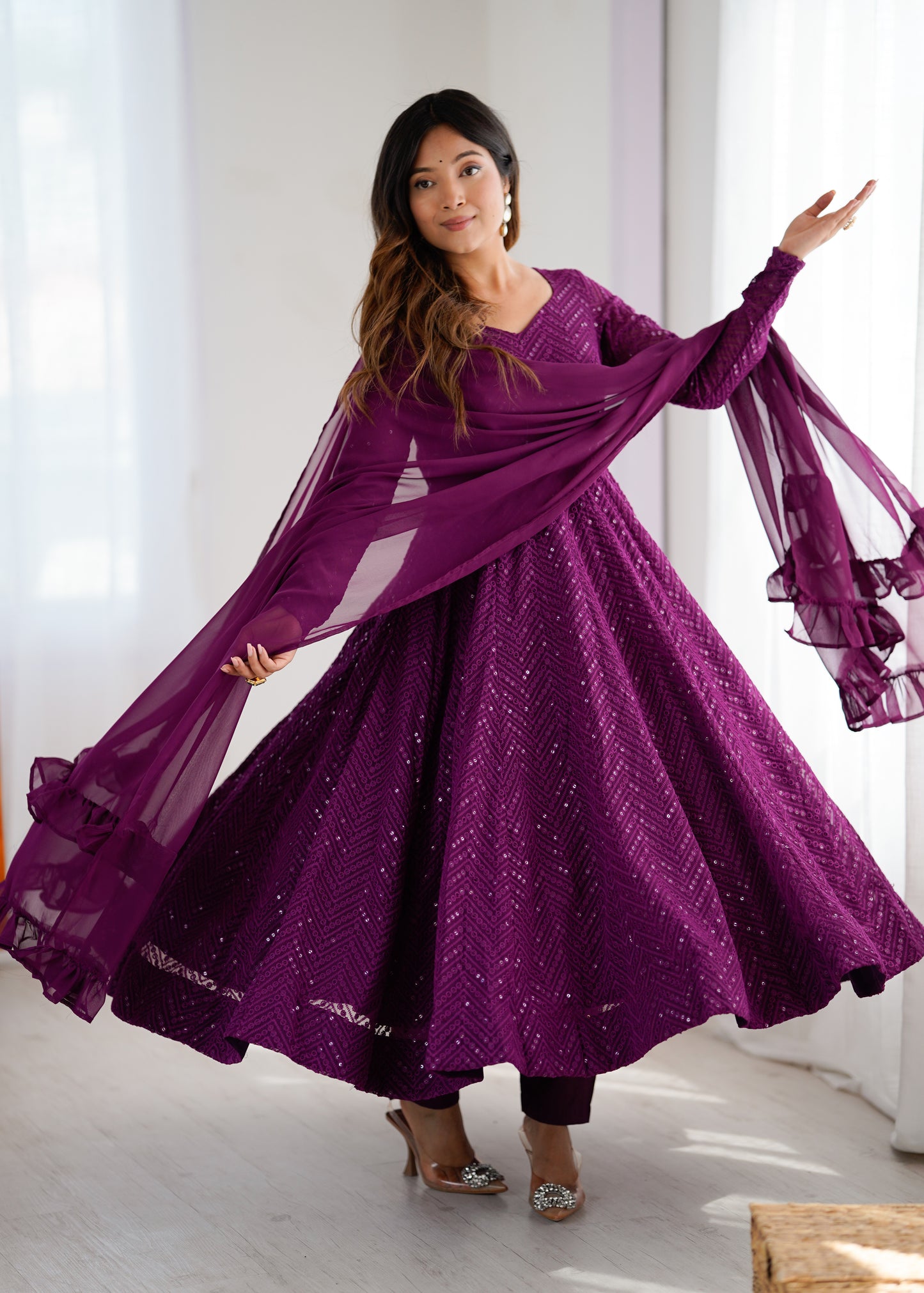 WINE COLOR LUCKNOWI GEORGETTE ANARKALI SUIT SET OF 3