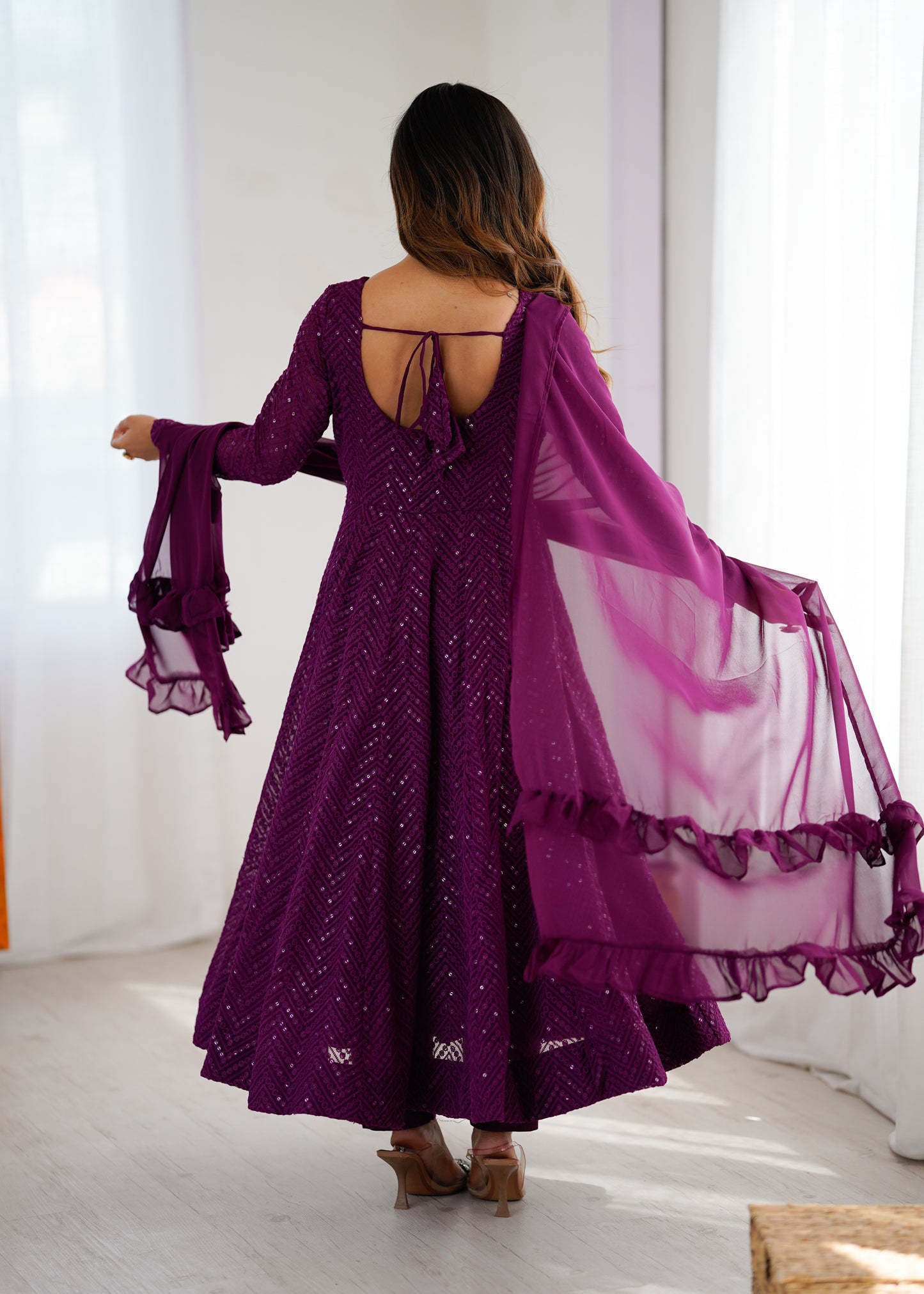 WINE COLOR LUCKNOWI GEORGETTE ANARKALI SUIT SET OF 3