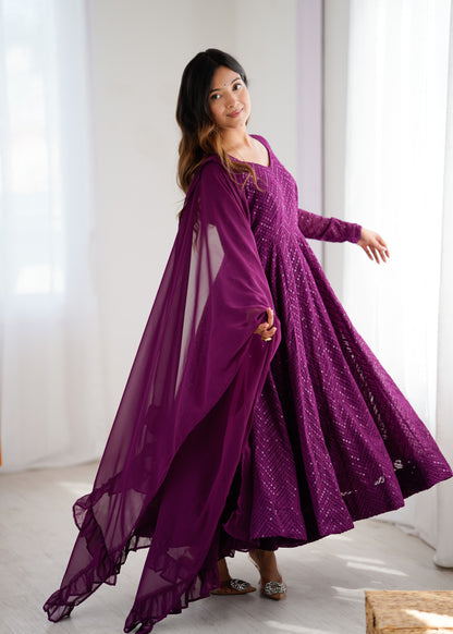 WINE COLOR LUCKNOWI GEORGETTE ANARKALI SUIT SET OF 3