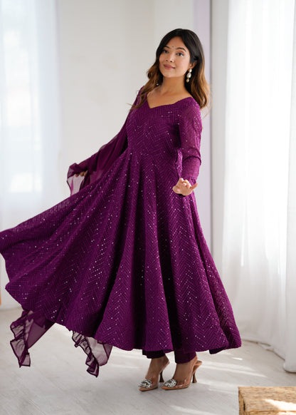 WINE COLOR LUCKNOWI GEORGETTE ANARKALI SUIT SET OF 3