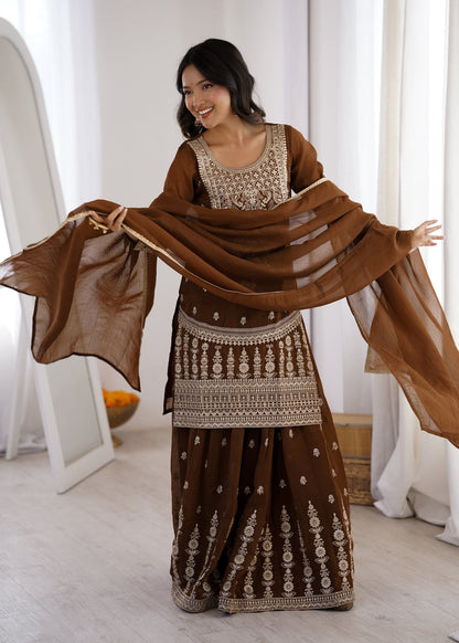 BROWN COLOR PURE CRUNCHY SILK SHARARA SUIT SET