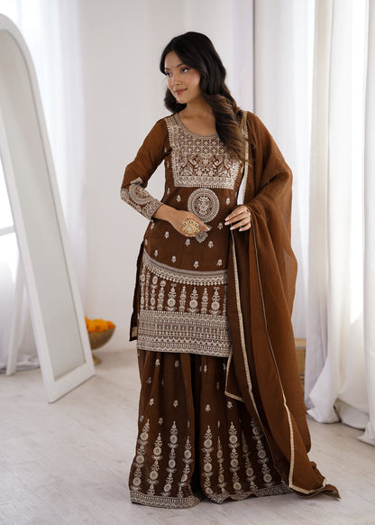 BROWN COLOR PURE CRUNCHY SILK SHARARA SUIT SET
